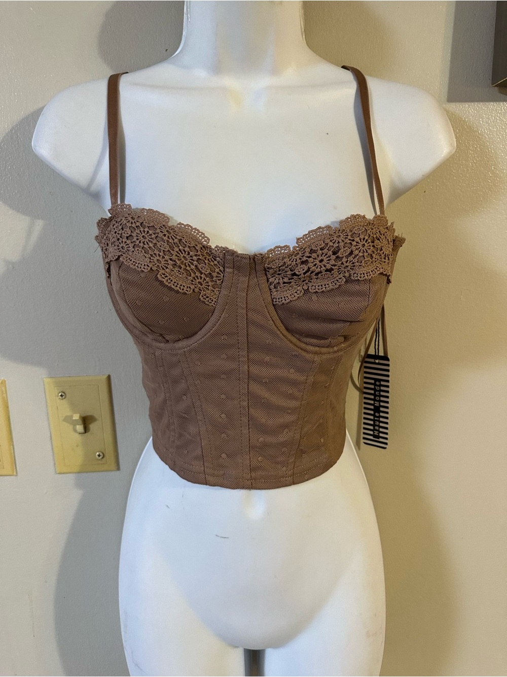 Haute Monde Brown Crochet Lace Bustier Crop Top
